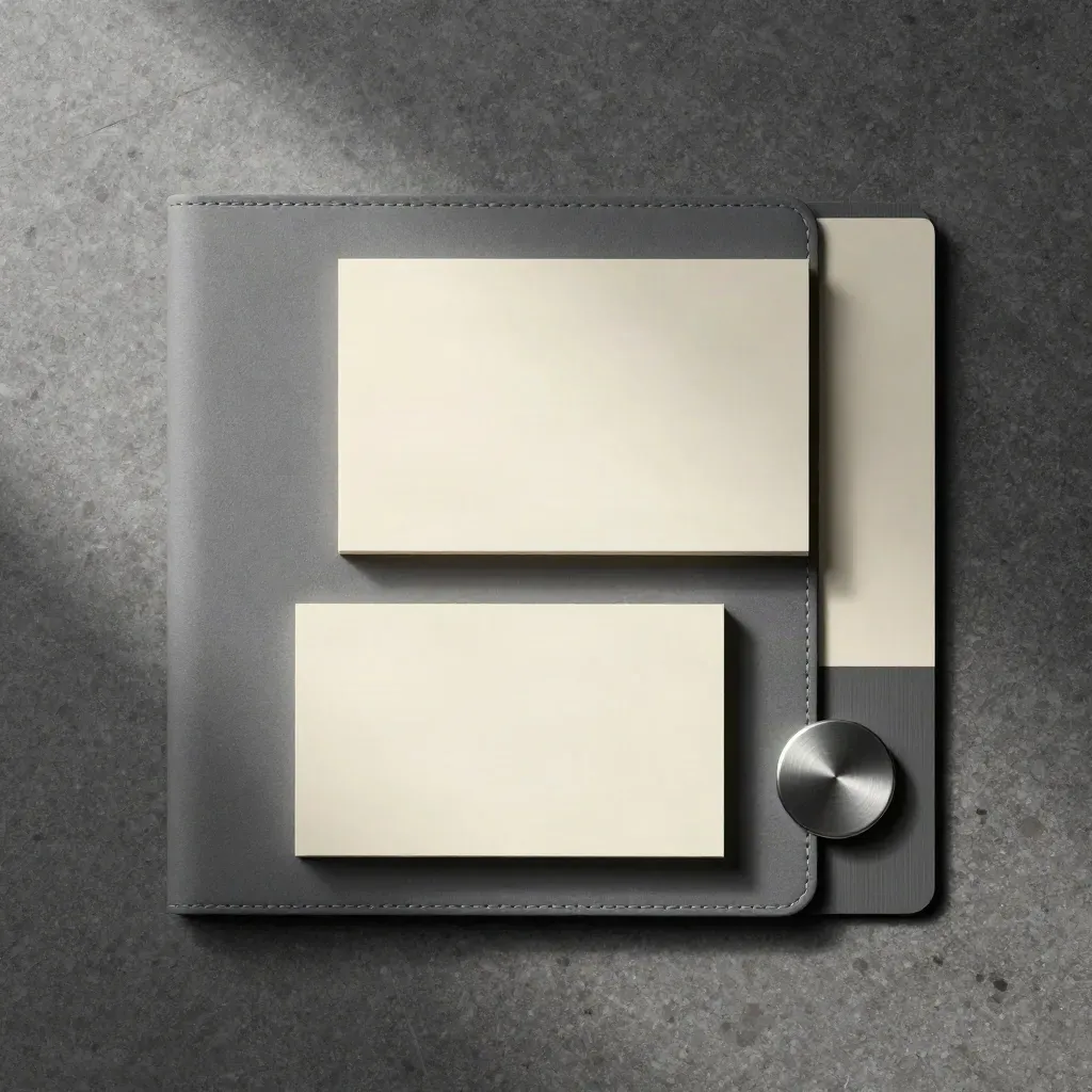 Overhead flatlay of a slate folder, blank cards and paperweight on limestone.