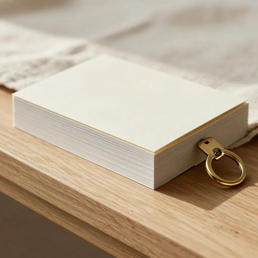 Linen-covered progress pack with gold loop and update card on a pale wood bench.