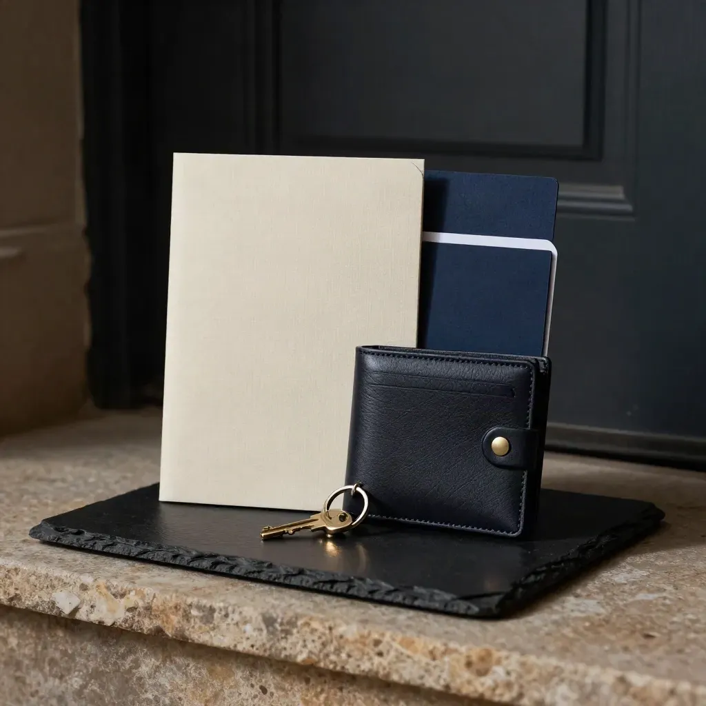 Move-in pack with keys, blank folder and document wallet on a stone threshold