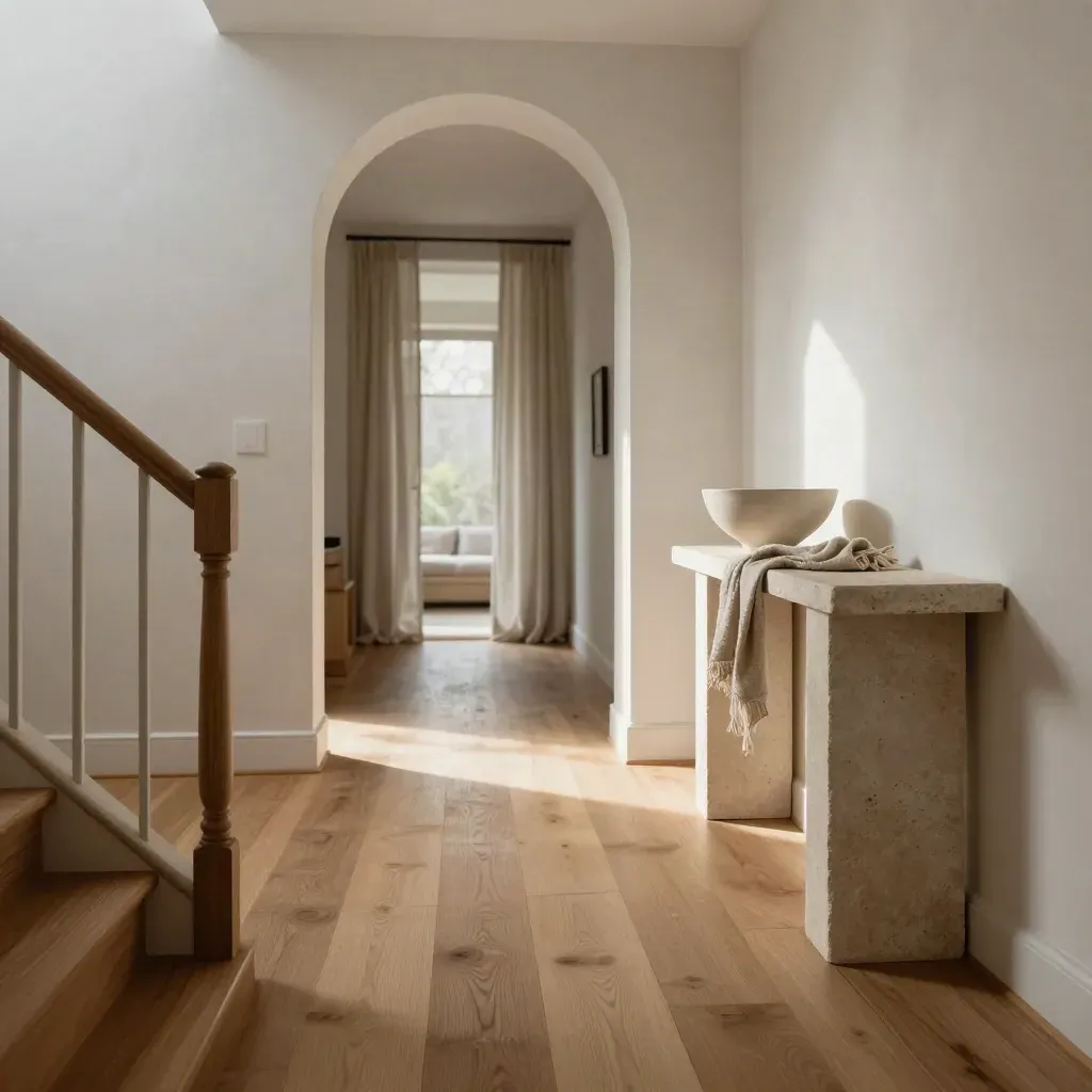 Sunlit oak hallway with arched doorway, linen curtains and open floor space for copy.