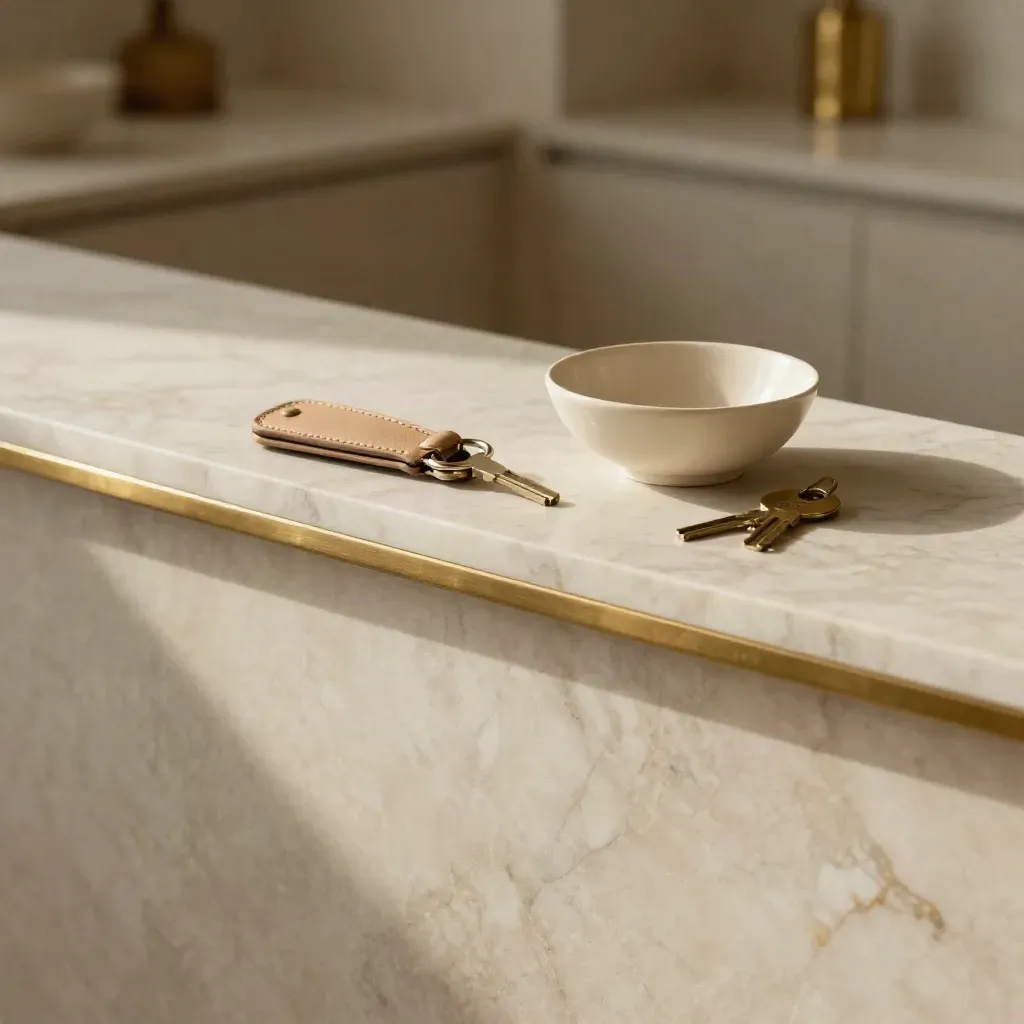 Marble ledge with brass keys and warm light, leaving calm copy space.