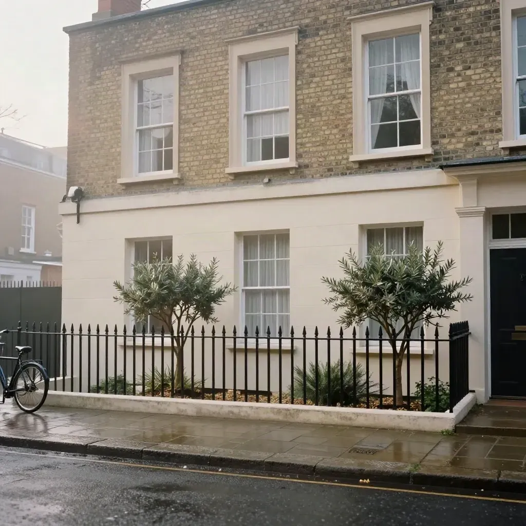 Cream townhouse façade with wet pavement, olive shrubs, and a blurred bicycle edge.