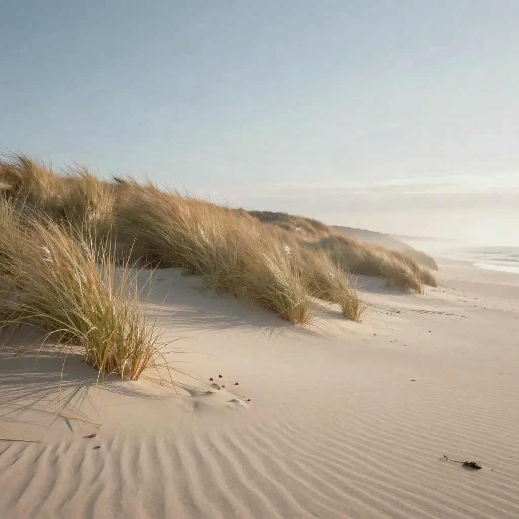 Golden coastal ridge with dune grass, pale sand and hazy sky at sunrise.