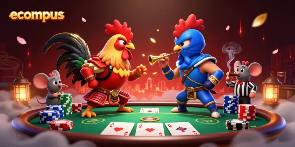 Engage in riveting ecompus gameplay with dueling roosters in a vibrant casino setting