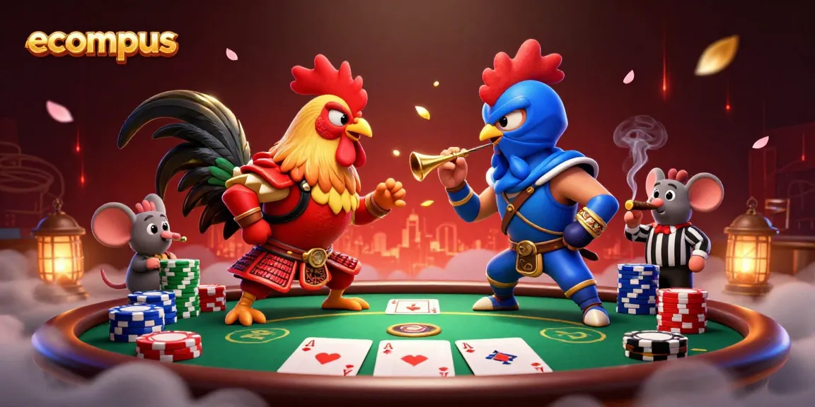 Engage in riveting ecompus gameplay with dueling roosters in a vibrant casino setting