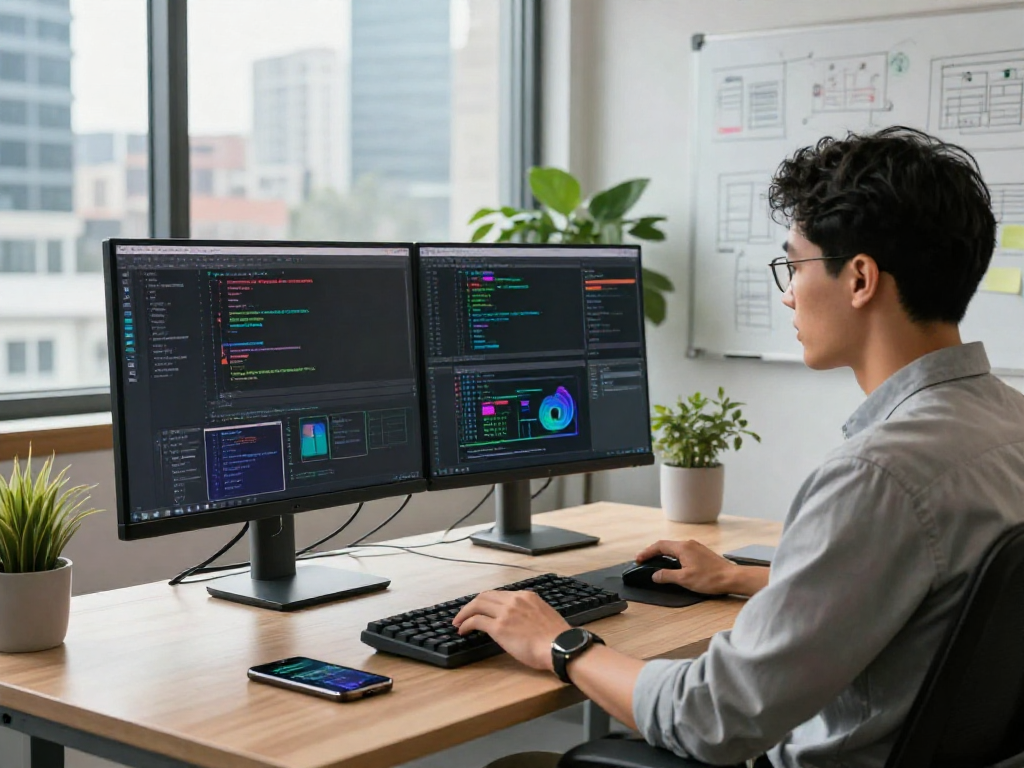 Dynamic software development scene at https://ieee.org.uk with a programmer coding in a modern office.