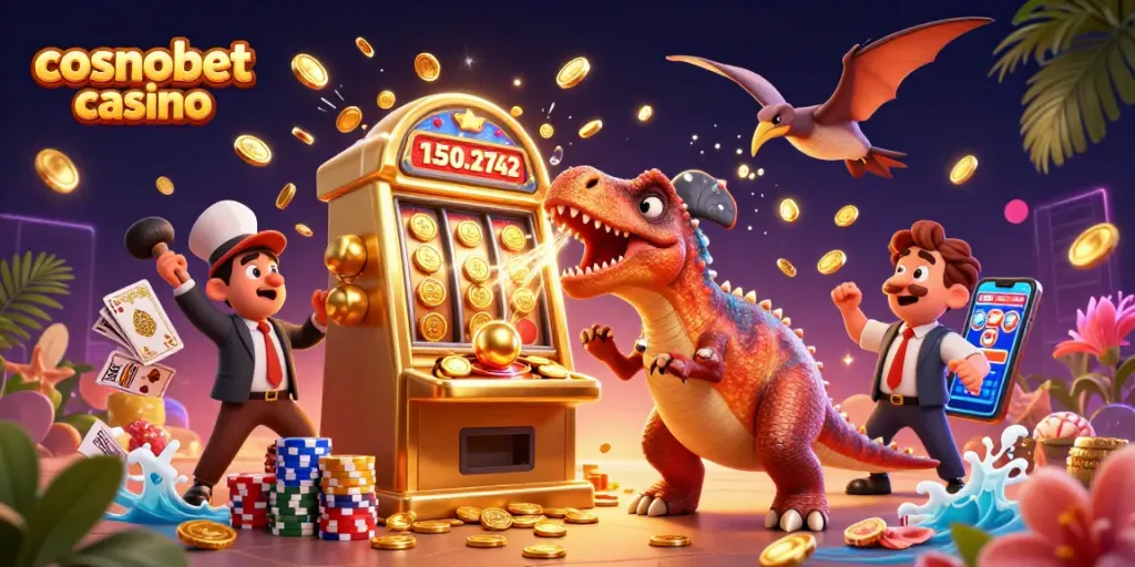 Experience the excitement with cosmobet casino as a dinosaur wins jackpots, surrounded by coins and casino elements!