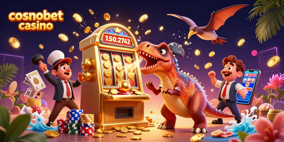 Experience the excitement with cosmobet casino as a dinosaur wins jackpots, surrounded by coins and casino elements!