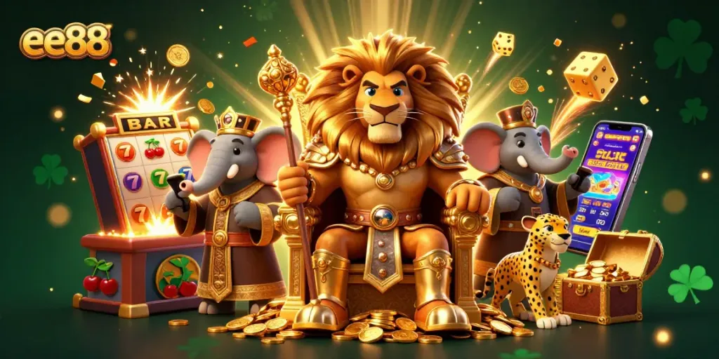 Win big with ee88's dynamic casino experience featuring a regal lion king and jackpot elements.