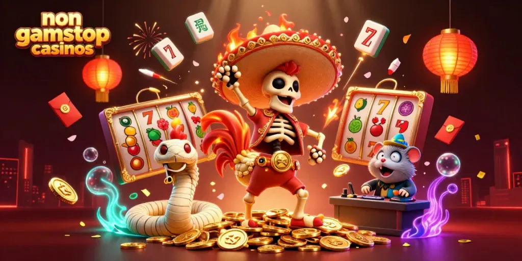 Piles of golden coins celebrate non gamstop casinos with festive characters and vibrant casino elements.