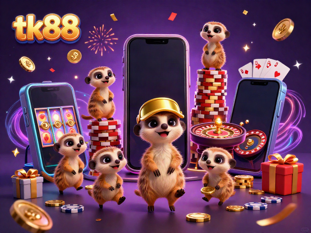 Experience thrilling gameplay at tk88 with meerkats running a colorful casino, revealing slot games and golden winnings.