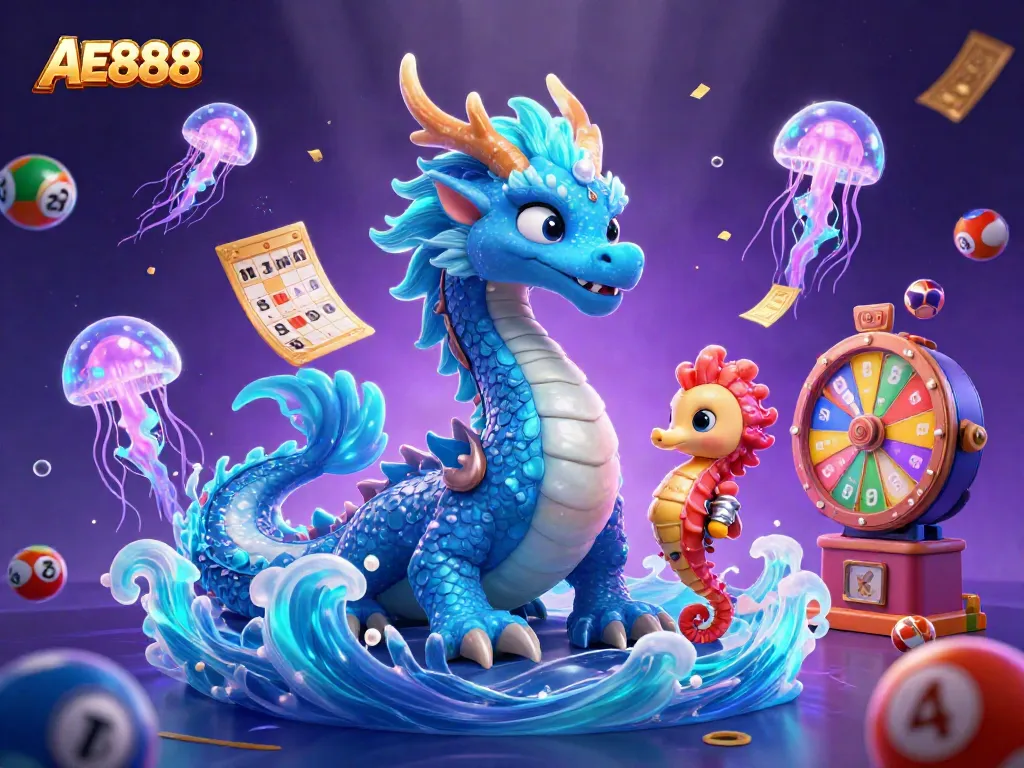 Engage with AE888's vibrant underwater world, showcasing a dragon, seahorse knight, and glowing jellyfish.