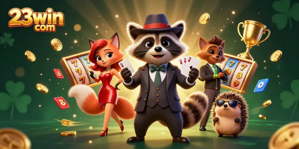 Engage in exhilarating gameplay with 23win com's vibrant casino scene featuring charming characters and casino elements.