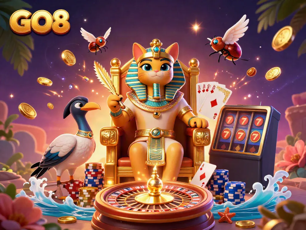 Enjoy the excitement of GO8 with this dynamic illustration showcasing casino elements and characters in rich detail.