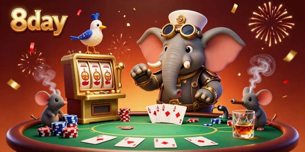 Experience thrilling moments at 8day's vibrant casino with a steampunk elephant operating a golden slot machine.