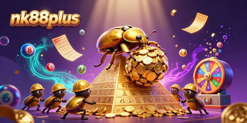 Engage in thrilling jackpots at nk88plus, featuring a golden beetle rolling coins in a vibrant casino scene.