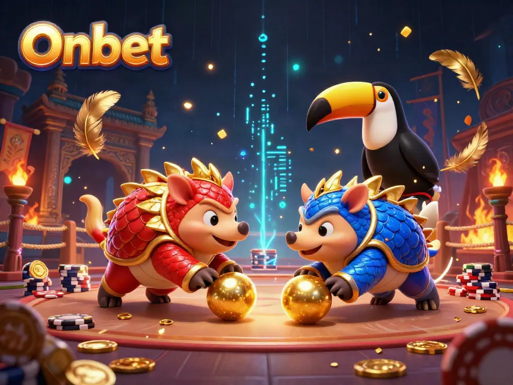 Onbet pangolins battle with golden coins and poker chips in a vibrant casino arena.