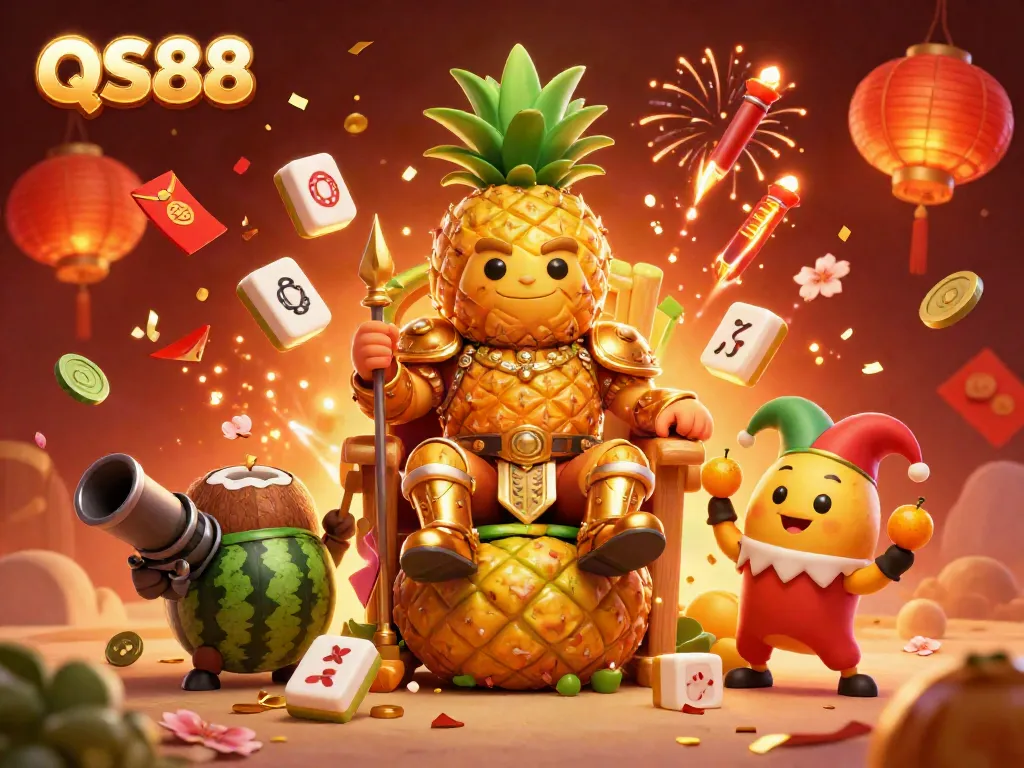 Engage in thrilling gameplay at QS88 with the golden pineapple king surrounded by festive casino elements.