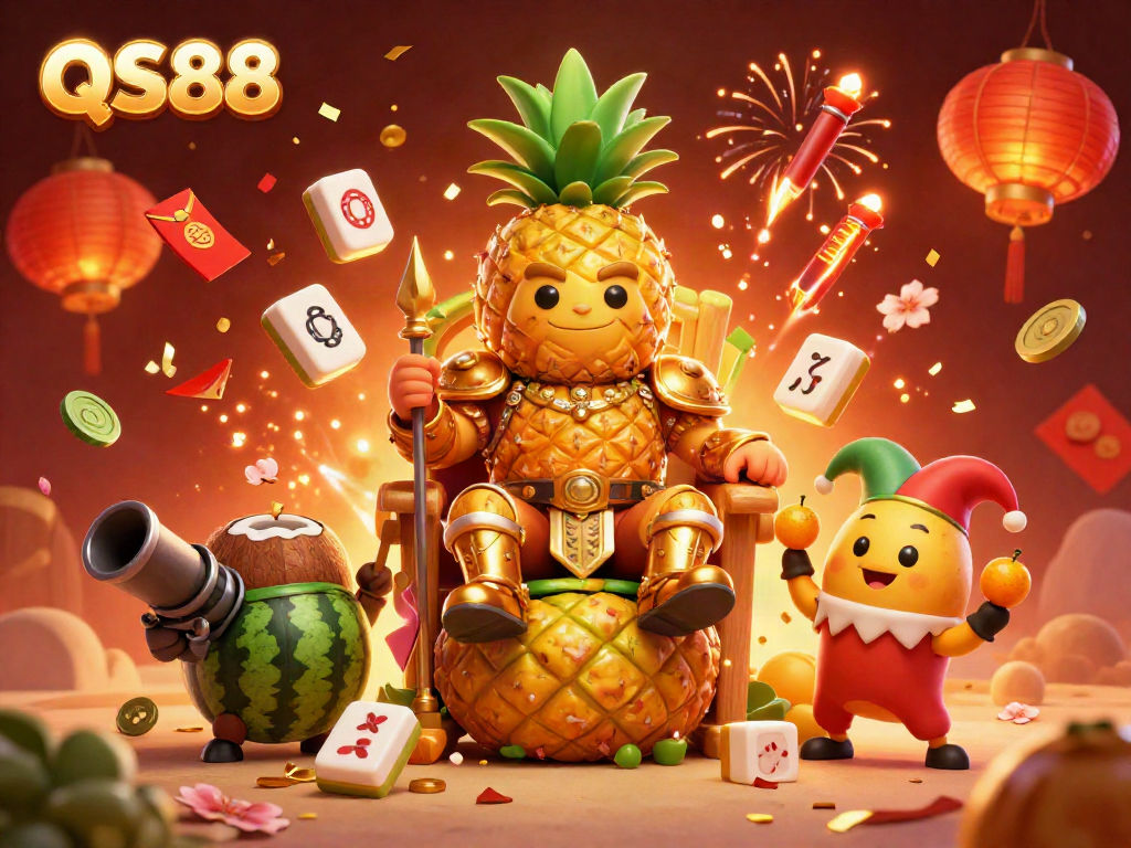 Engage in thrilling gameplay at QS88 with the golden pineapple king surrounded by festive casino elements.