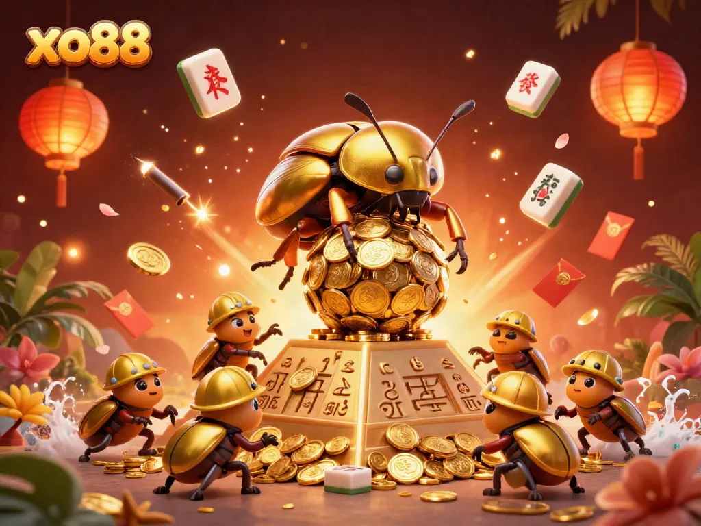 Experience thrilling moments at xo88 with massive golden beetles and casino symbols in a vibrant 3D scene.
