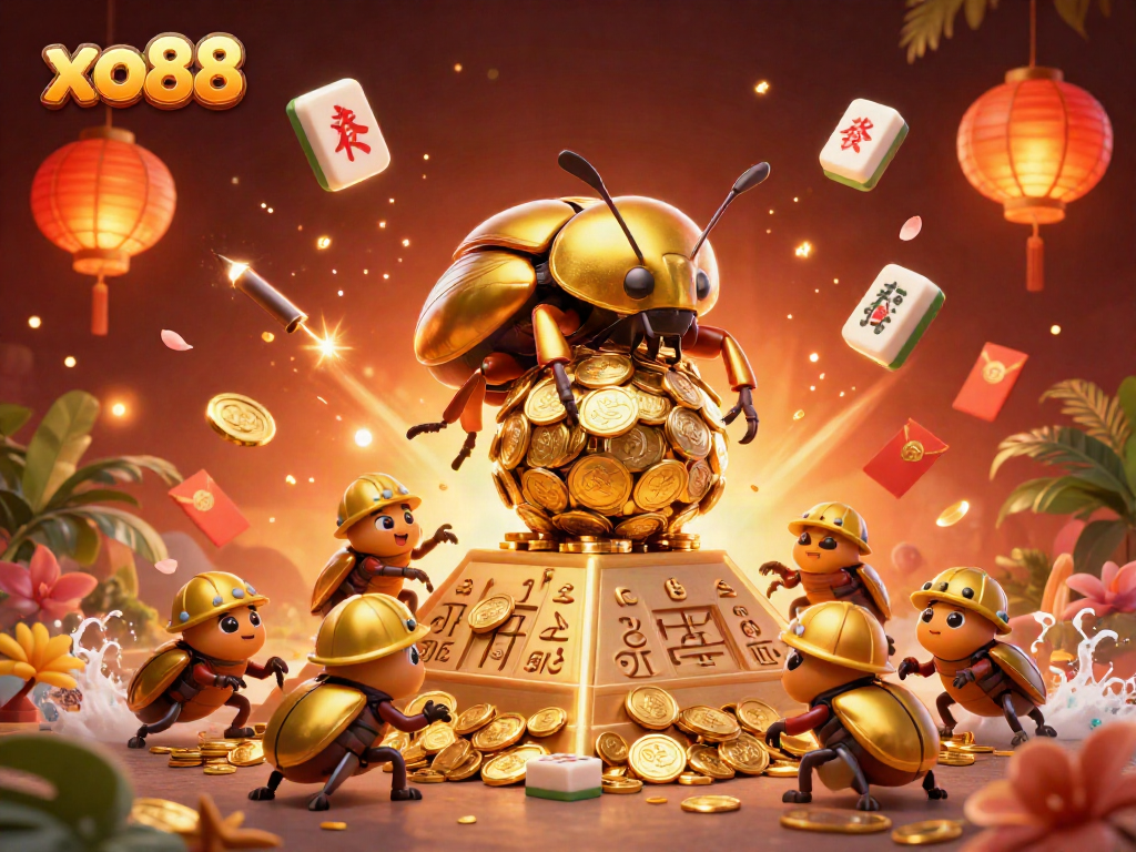 Experience thrilling moments at xo88 with massive golden beetles and casino symbols in a vibrant 3D scene.