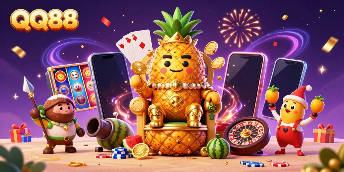 Experience the fun at QQ88 with a vibrant casino illustration featuring a golden pineapple king and engaging game elements.