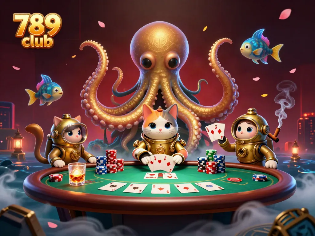 Join the excitement at 789 club with a kraken, diving cat, and glowing fish amidst poker elements.