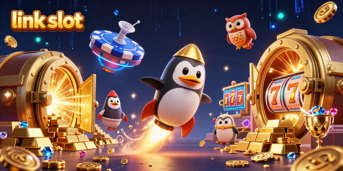 Play the exciting link slot with our vibrant illustration of a golden penguin and treasures
