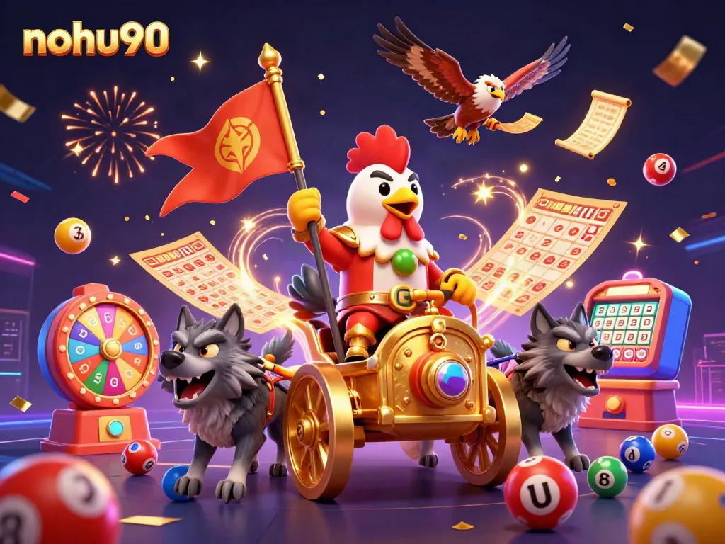 Engage with nohu90's thrilling games as a rooster warlord leads a dynamic casino celebration!