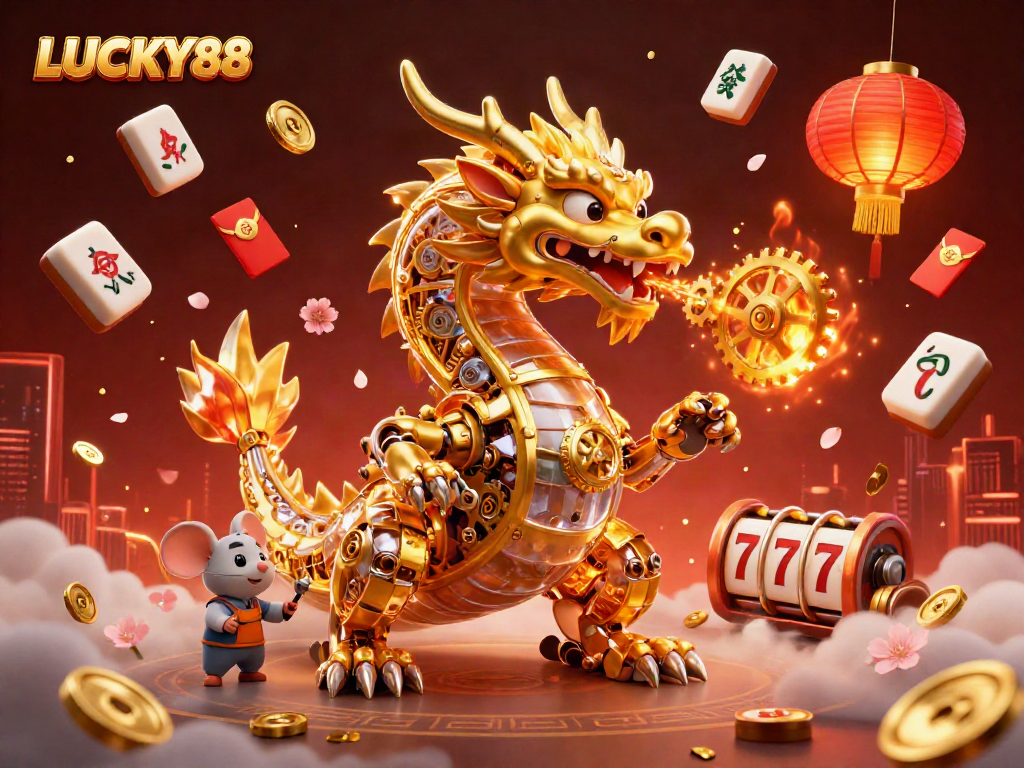 LUCKY88's vibrant casino illustration featuring a golden dragon and festive elements for online gaming.