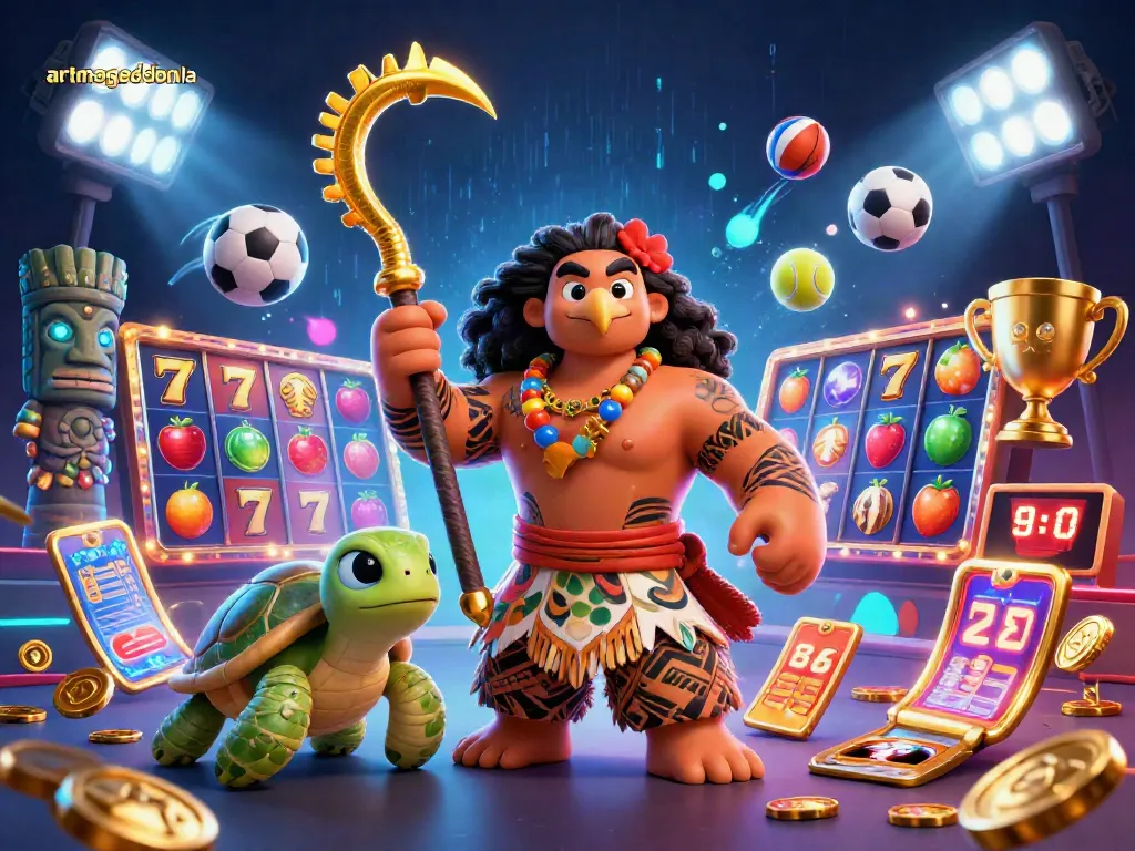 Engage with artmageddonla's thrilling slots through vibrant 3D casino illustration featuring exciting gaming elements.