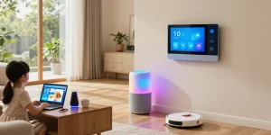 Family enjoying smart home gadgets in a modern living room with interactive tech.