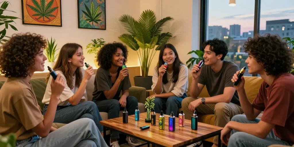 Group of friends enjoying thc vapes in a modern lounge setting with ambient lighting.
