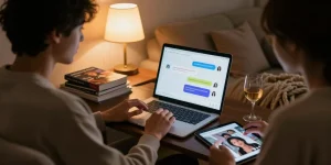 Engaging with an 18+ AI chatbot in a cozy setting, showcasing intimate digital interaction.