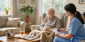 Elderly person discussing dementia stages with caregiver in a warm home setting.