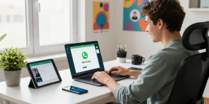 Using WhatsApp電腦版 in a modern home office setting, showcasing productivity and digital communication.