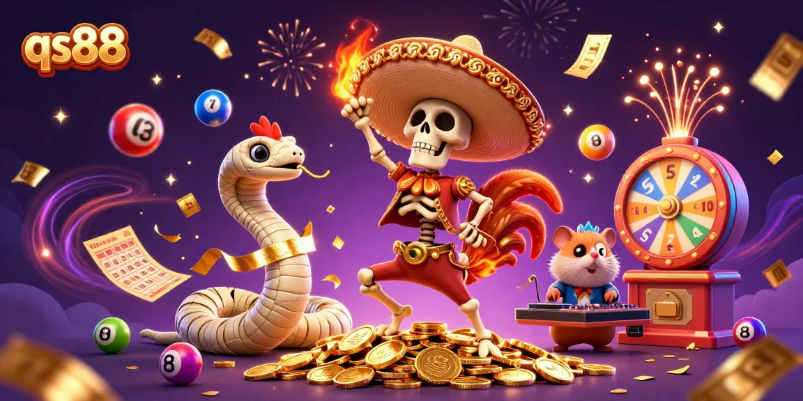 Spin and win with qs88 as a mariachi rooster dances surrounded by colorful lottery and casino elements.