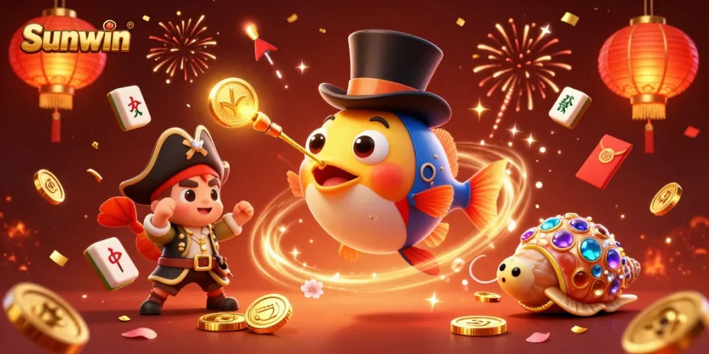 Sunwin players engaging in fun with glowing lures, golden coins, and lucky symbols while gambling.
