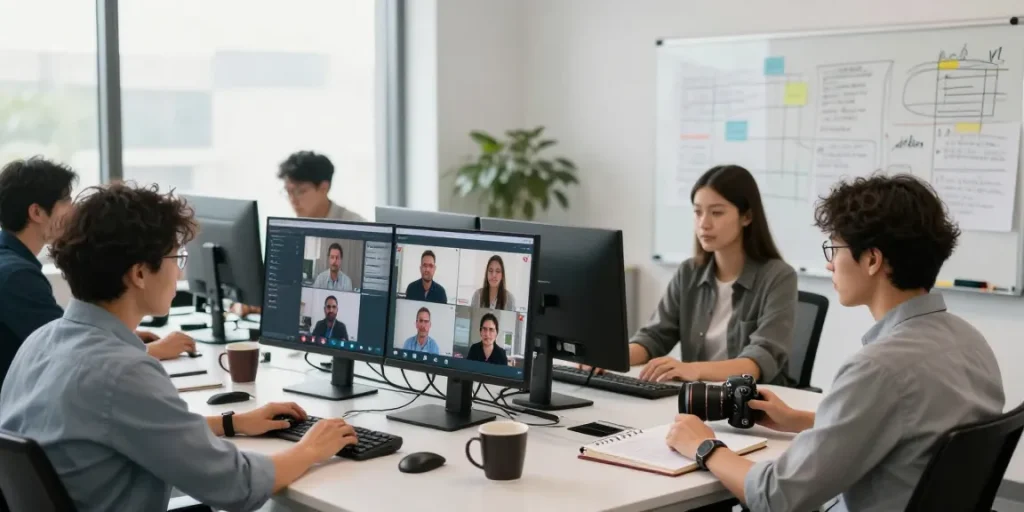 Team collaborating in an office with call recording software on screens, enhancing business communication.
