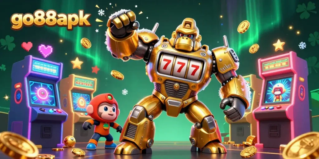 Jackpot excitement at go88apk with golden gorilla mech, coins, and vibrant 3D arcade elements.
