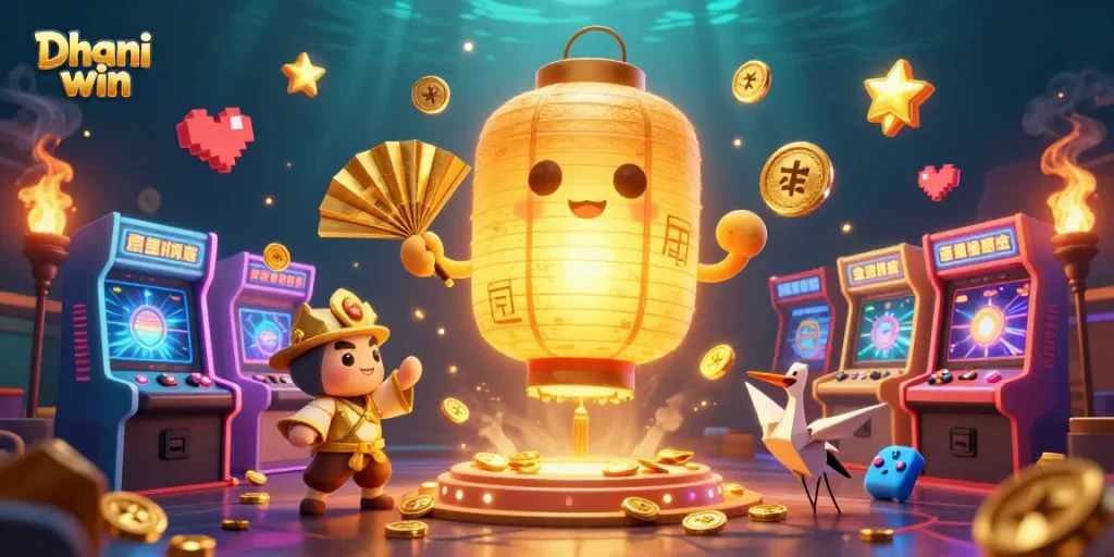 Dhani win showcases vibrant gambling adventure with golden lantern spirit and arcade game elements.