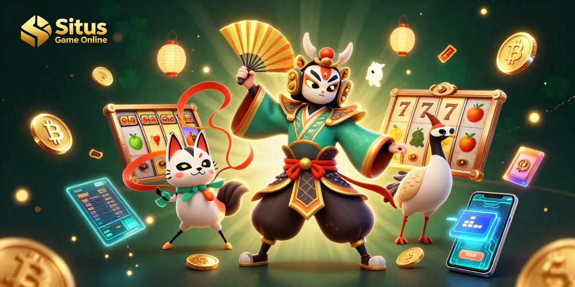 Situs Game Online captures high-energy action with kabuki characters amidst slot machine symbols.