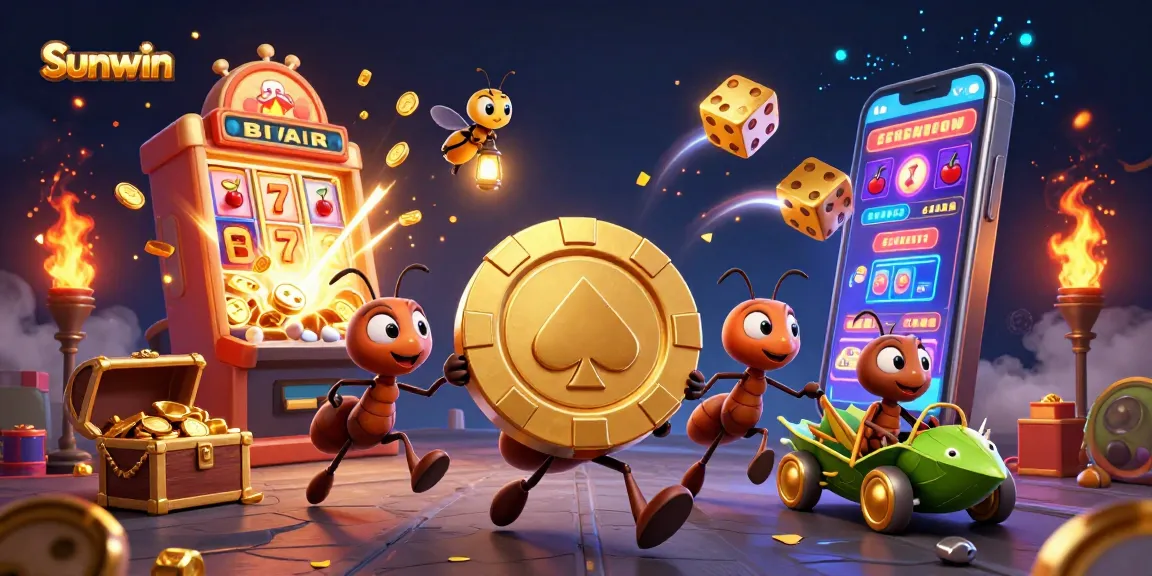 Sunwin heist illustrated with playful ants carrying a giant poker chip in a vibrant casino scene.