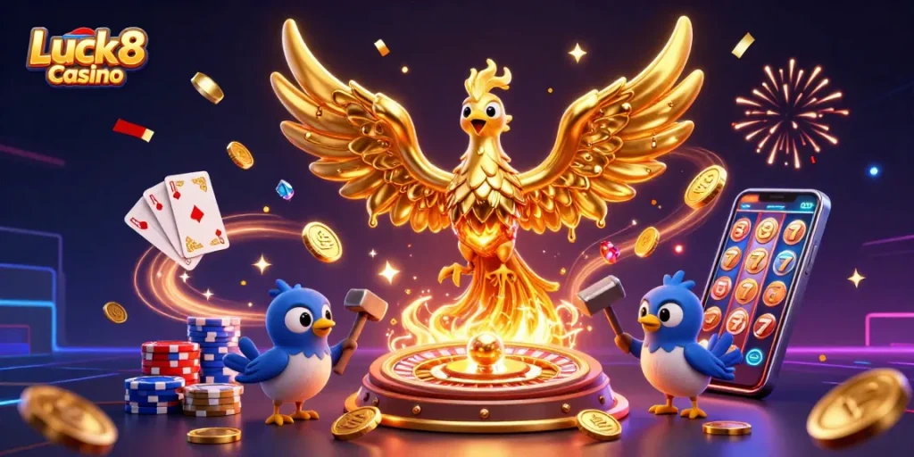 Luck8 Casino showcases an energetic 3D scene with a phoenix and sparrows surrounded by casino elements.
