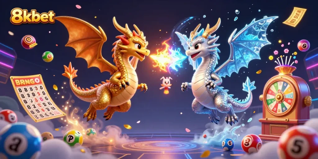 Immerse in the thrilling world of 8xbet as twin dragons battle with fire and ice amidst vibrant gambling elements.