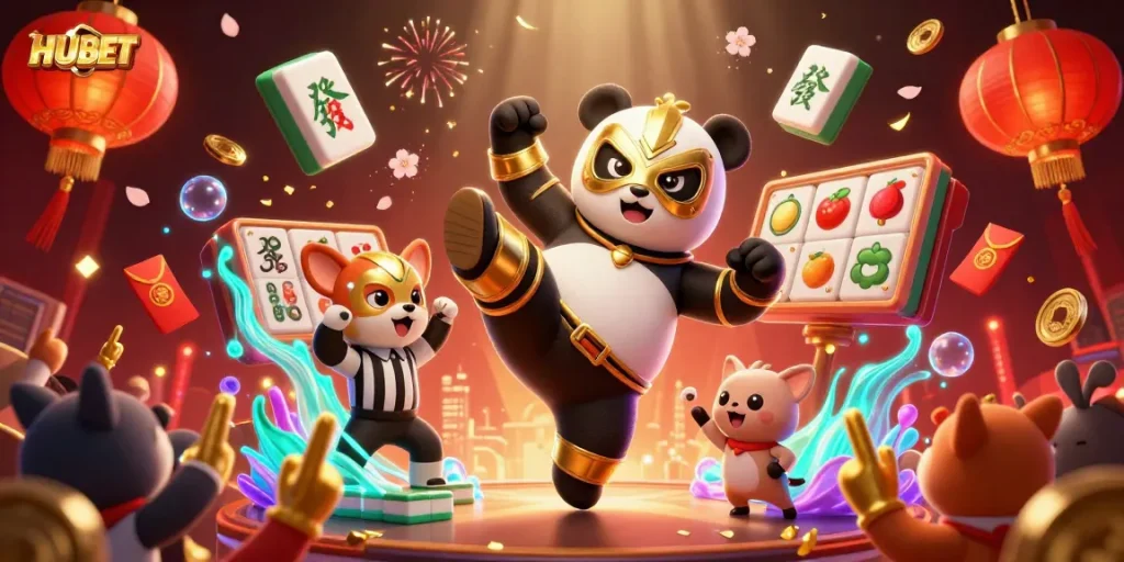 HUBET casino illustration showcasing excitement with a panda wrestler, chihuahua referee, and festive elements.