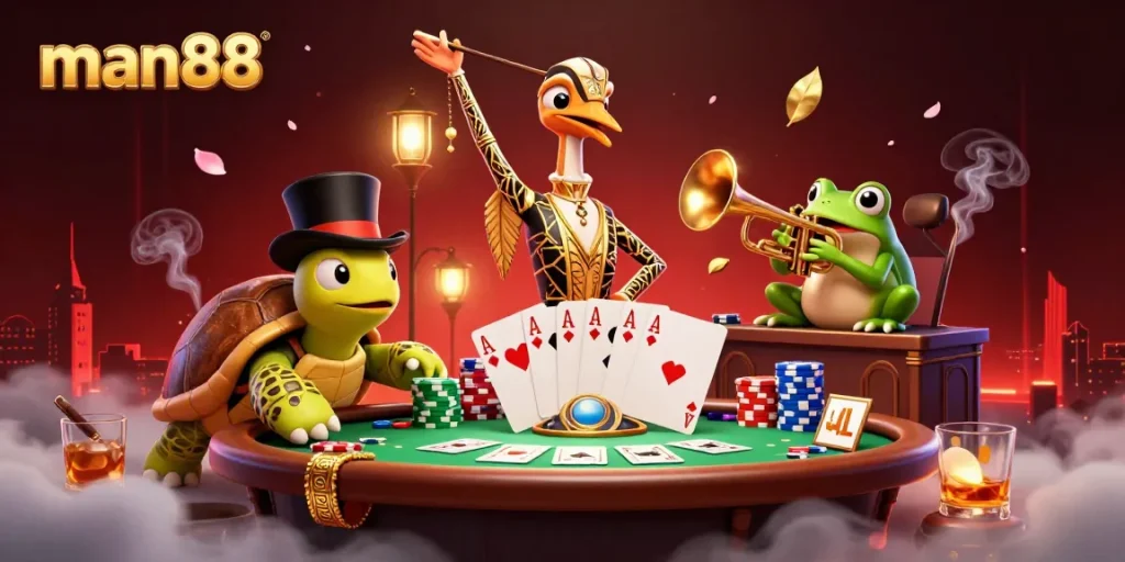 Experience thrilling gameplay at man88 with vibrant casino characters and dynamic poker elements.
