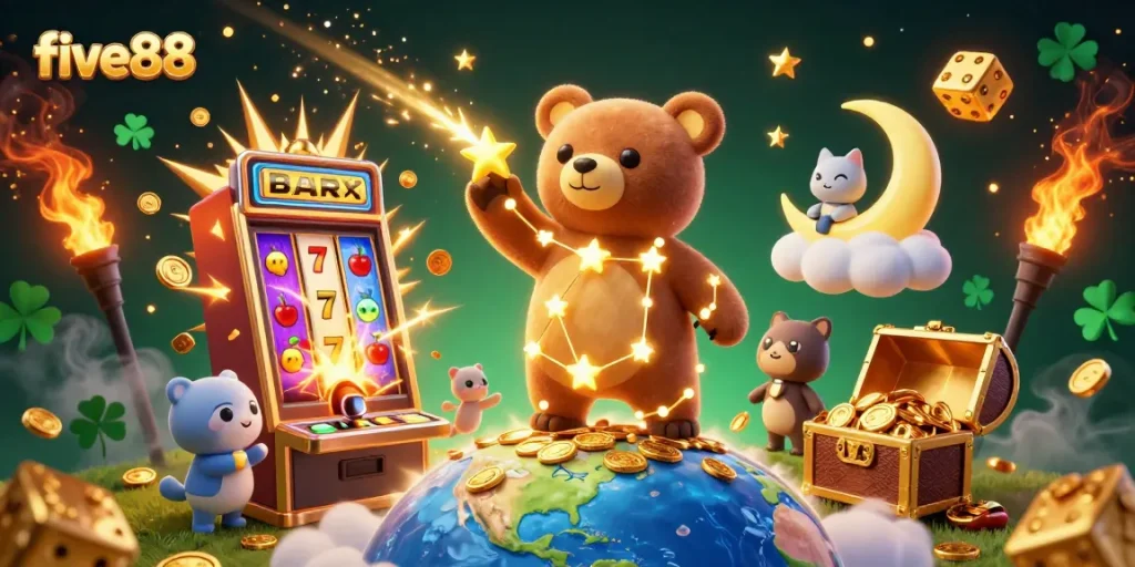 Experience the excitement of five88 with a vibrant 3D illustration of a cosmic casino scene filled with jackpots and lucky symbols.