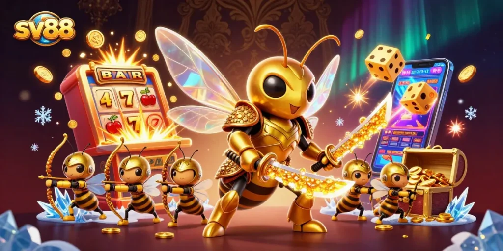 sv88 showcases an exciting scene with a giant hornet samurai and a dynamic slot machine jackpot.