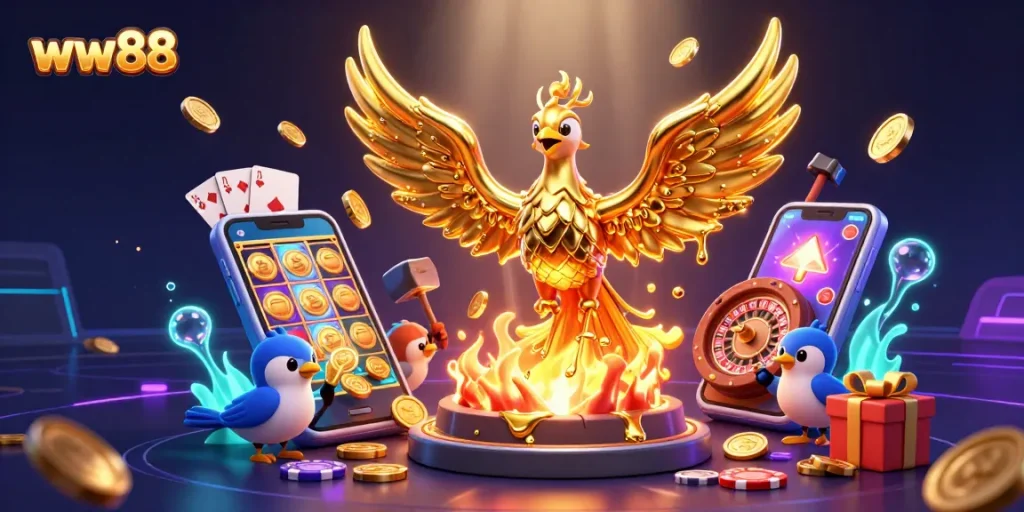 Engage in thrilling games at ww88 with a stunning golden phoenix and top casino features.